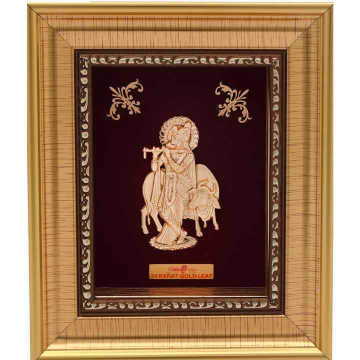 24k gold leaf Krishna with cow frame by 