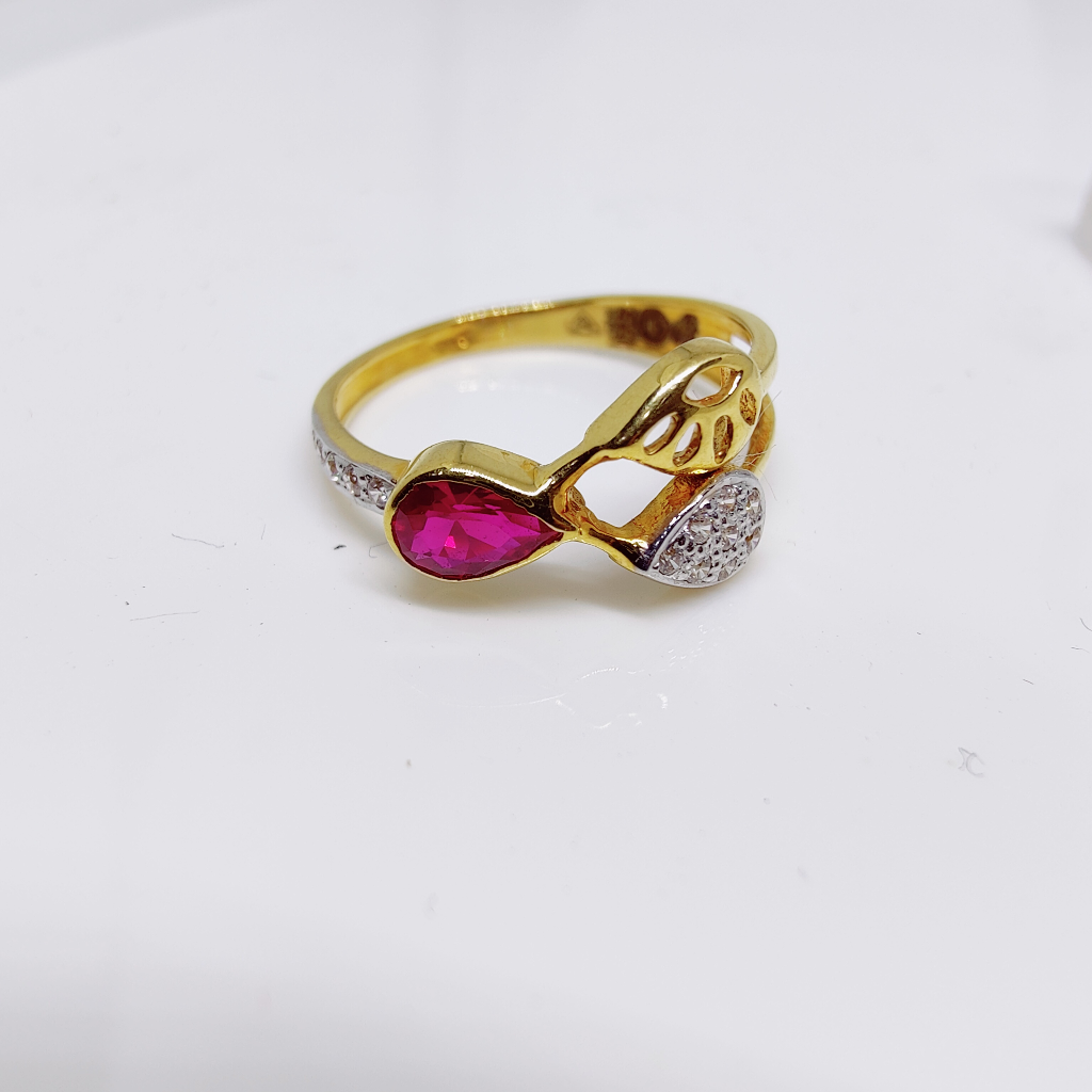 22K Gold Red Stone Diamond Ladies Ring